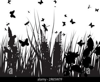 Vector silhouettes de papillons avec fond en herbe Illustration de Vecteur