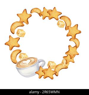 bordure ronde à l'aquarelle avec tasse de café, biscuits, biscuits. illustration dessinée à la main de cappuccino, cadre, couronne de thème de café isolée sur b blanc Banque D'Images