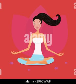 Asia girl se détendant en position de yoga lotus. Illustration vectorielle. Illustration de Vecteur