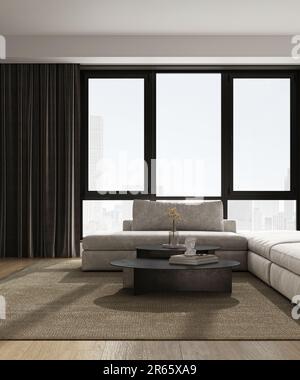 Décoration intérieure moderne et luxueuse, grise, minimaliste, grand canapé modulaire, fenêtres panoramiques et vue sur la ville. 3d rendu. Illustration 3D de haute qualité Banque D'Images