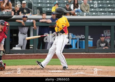 Salt Lake UT, États-Unis. 6th juin 2023. Michael Stefanic (6), deuxième baseur de Salt Lake, est touché par un terrain de jeu avec Round Rock Express et Salt Lake Bees qui se tiennent à Smiths Field, dans Salt Lake UT. David Seelig/Cal Sport Medi. Crédit : csm/Alay Live News Banque D'Images