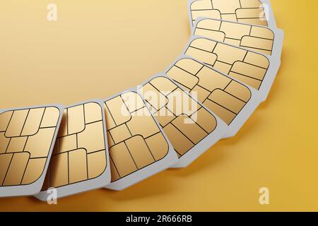 Cartes SIM pour smartphone nano 5G blanches sans marque disposées en forme d'éventail sur fond jaune. Cartes SIM anonymes et télécommunications non traçables Banque D'Images