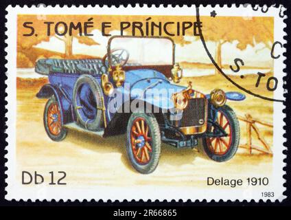 SAO TOMÉ-ET-principe - VERS 1983 : un timbre imprimé à Sao Tomé-et-principe montre Delage, 1910, automobile, vers 1983 Banque D'Images
