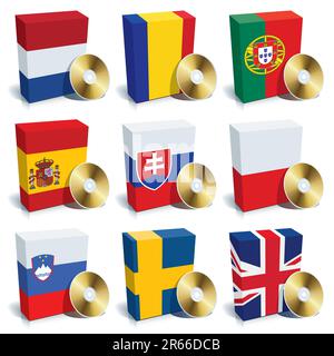 Boîtes de logiciels avec couleurs de drapeaux nationaux. Europe Set 3 Illustration de Vecteur