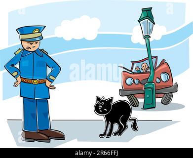 illustration d'un chat noir qui a causé un accident de voiture et un policier en colère Illustration de Vecteur