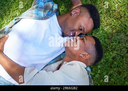 Vue d'en haut heureux, affectueux couple gay mâle allongé dans l'herbe Banque D'Images