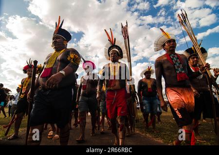 6 juin 2023, Brasilia, Brésil : les manifestants autochtones défilent pendant la manifestation. Entre 5th et 7th juin, des manifestants autochtones ont organisé une mobilisation nationale contre PL490/PL2903, connue sous le nom de Marco Temporal. Discuté depuis 2007, traitant des territoires autochtones et de leurs droits fonciers. Ce projet défend qu'avant 1988, quand la nouvelle constitution brésilienne a été faite, tout le territoire occupé par les peuples autochtones ne serait considéré que s'il était déjà approuvé et établi par la loi jusqu'à 5 octobre 1988. L'idée de PL490, est de considérer cela après la nouvelle date de la B Banque D'Images