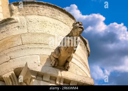 Détail de gargouille sculptée en pierre sur une tour en pierre. Vue de dessous. Ciel bleu, nuages en arrière-plan. Banque D'Images