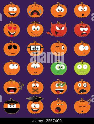 Ensemble de 24 smiley en forme de citrouille - illustrations vectorielles Illustration de Vecteur