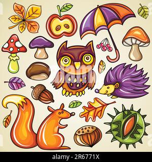 Ensemble vectoriel d'objets automnaux colorés : feuille, parapluie, pomme, champignons, hibou, baies, châtaignier, noisette, hérisson, écureuil, acorn, braguette agaric Illustration de Vecteur