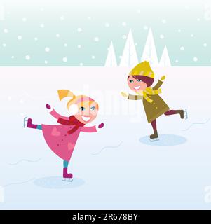 Deux enfants en costumes d'hiver pratiquant le patinage sur glace sur un lac gelé. Illustration de dessin animé vectoriel. Illustration de Vecteur