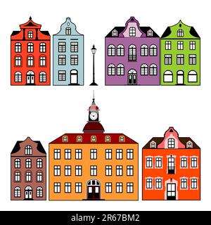 Collection de vieilles maisons de différentes couleurs, isolées sur fond blanc. Illustration de Vecteur