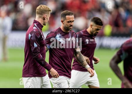 Prague, République tchèque. 07th juin 2023. Danny ings (18) de West Ham United s'échauffe avant la finale de l'UEFA Europa Conference League entre Fiorentina et West Ham United à Fortuna Arena à Prague. Credit: Gonzales photo/Alamy Live News Banque D'Images