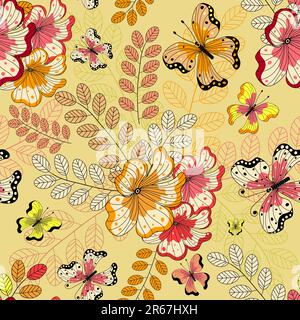 Motif floral jaune sans couture avec fleurs et papillons (vecteur) Illustration de Vecteur