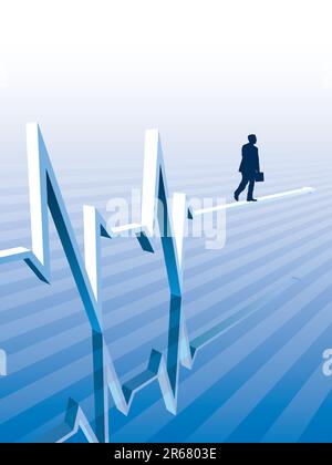 Homme d'affaires marche sur un graphique, illustration d'affaires conceptuelle. Illustration de Vecteur