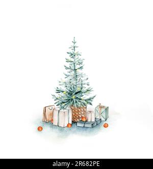 Illustration aquarelle d'un arbre de Noël, de mandarines, de cadeaux. Carte de joyeux Noël et de bonne année. Épinette et arbre de vacances. dessiné à la main Banque D'Images