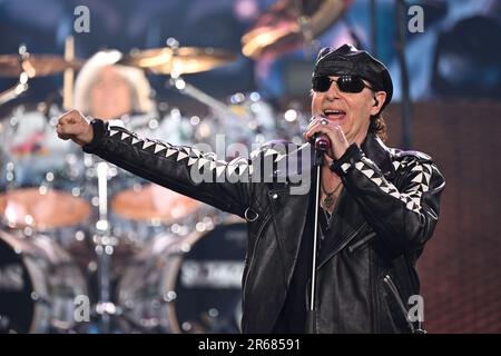 Brno, République tchèque. 07th juin 2023. Le chanteur Klaus Meine du groupe de rock allemand Scorpions se produit lors du concert du groupe, sur 7 juin 2023, à Brno, République tchèque. Crédit: Vaclav Salek/CTK photo/Alay Live News Banque D'Images