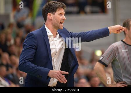 Leiden, pays-Bas. 07th juin 2023. LEIDEN, PAYS-BAS - JUIN 7: Le chef Sam Rotsaert de Charleroi pendant le match semi-fin de la Ligue BNXT deux entre Zorg en Zekerheid Leiden et Spirou Panier Charleroi à Sporthal Vijf Meijal sur 7 juin 2023 à Leiden, pays-Bas (photo de Kees Kuijt/Orange Pictures) crédit: Orange pics/Alay BV Live News Banque D'Images