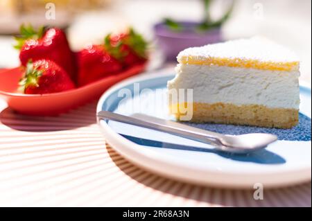 Gâteau au fromage avec fraises dans un jardin ensoleillé Banque D'Images