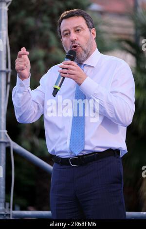 Termoli, Italie. 07th juin 2023. Matteo Salvini parle lors d'un rassemblement électoral pour les élections régionales de Molise à Termoli. Crédit : SOPA Images Limited/Alamy Live News Banque D'Images