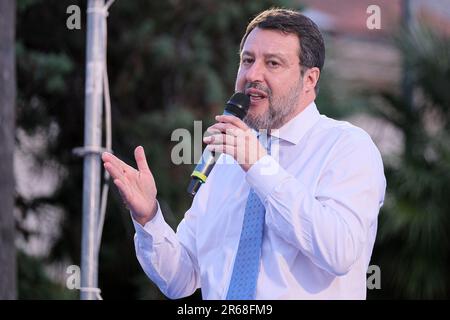 Termoli, Italie. 07th juin 2023. Matteo Salvini parle lors d'un rassemblement électoral pour les élections régionales de Molise à Termoli. Crédit : SOPA Images Limited/Alamy Live News Banque D'Images