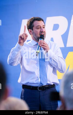 Termoli, Italie. 07th juin 2023. Matteo Salvini parle lors d'un rassemblement électoral pour les élections régionales de Molise à Termoli. Crédit : SOPA Images Limited/Alamy Live News Banque D'Images