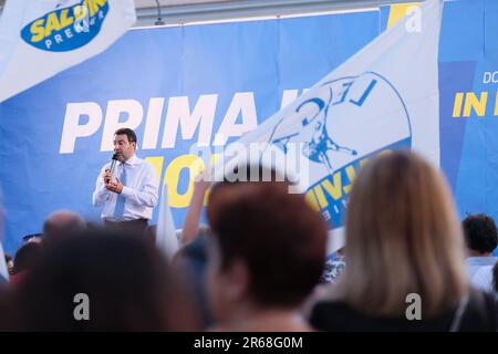 Termoli, Italie. 07th juin 2023. Matteo Salvini parle lors d'un rassemblement électoral pour les élections régionales de Molise à Termoli. Crédit : SOPA Images Limited/Alamy Live News Banque D'Images