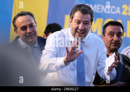 Termoli, Italie. 07th juin 2023. Matteo Salvini parle lors d'un rassemblement électoral pour les élections régionales de Molise à Termoli. Crédit : SOPA Images Limited/Alamy Live News Banque D'Images