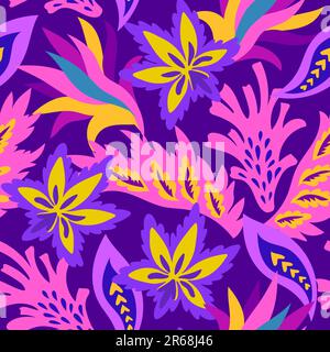 Motif brillant sans couture avec formes ornementales colorées et éléments décoratifs floraux. Imprimé psychédélique hippie. Illustration de Vecteur