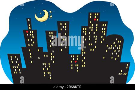 Silhouette d'un paysage urbain la nuit avec des coeurs dans les fenêtres - basé sur un vecteur Illustration de Vecteur