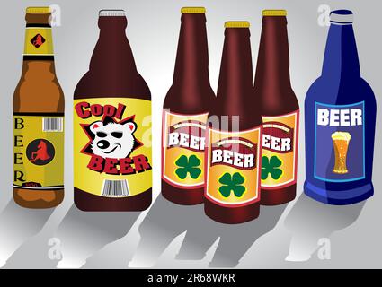 Illustration vectorielle de différents types de bouteilles de bière. Les étiquettes sur les bouteilles est mon travail original et il n'y a pas de compagnie existante avec ces derniers Illustration de Vecteur