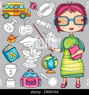 Adorable dessin animé enseignant et icônes de l'école Illustration de Vecteur