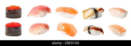 Ensemble avec différents types de sushis sur fond blanc Banque D'Images