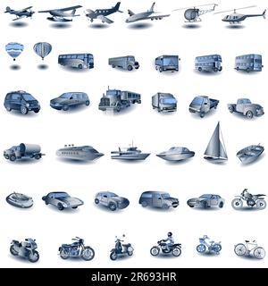 Vaste collection d'images de transport différentes i couleur bleue, illustration vectorielle adaptée à l'édition. Illustration de Vecteur