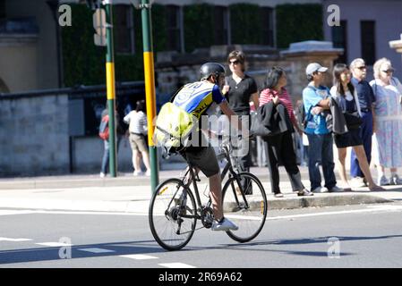 Un service de messagerie à vélo de la compagnie Mail Call sur Macquarie Street à Queens Square près de Hyde Park à Sydney. Banque D'Images