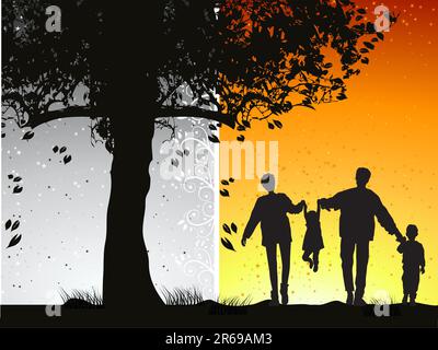 Famille heureuse marche sur la nature, le coucher du soleil Illustration de Vecteur