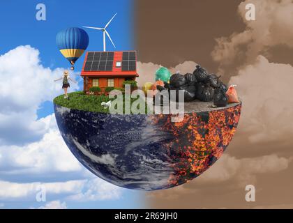 Pollution de l'environnement. Collage divisé en Terre propre et contaminée contre le ciel. Globe divisé par deux montrant une maison moderne avec panneaux solaires, turb vent Banque D'Images