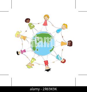 Happy kids multiraciale se tenant la main autour du globe vector illustration Illustration de Vecteur