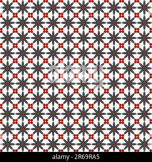 Motif floral géométrique avec motifs répétitifs rouges et noirs ressemblant à une étoile sur fond blanc Banque D'Images