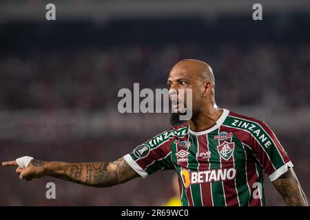 Buenos Aires, Argentine. 07th juin 2023. Felipe Melo de Fluminense gestes pendant un Copa CONMEBOL Libertadores 2023 groupe D match entre la plaque de rivière et Fluminense à l'Estadio Mas Monumental Antonio Vespucio Liberti. Score final: River plate 2:0 Fluminense crédit: SOPA Images Limited/Alamy Live News Banque D'Images