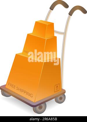 chariot à main avec une pile d'emballages en carton. Illustration vectorielle isolée sur fond blanc Illustration de Vecteur