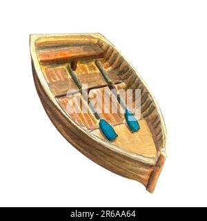 Aquarelle peint à la main bateau en bois illustration isolée sur blanc. Tourisme, voyages et conception de la pêche. Illustration de haute qualité pour cartes, guides Banque D'Images