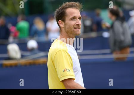 Constant Lestienne (FRA) jouant au premier tour du Trophée Surbiton, Londres, 6th juin 2023. Banque D'Images