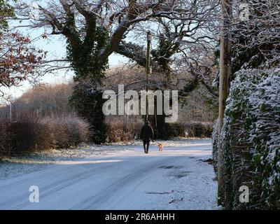 Un homme qui marche son chien sur une route de campagne enneigée Banque D'Images