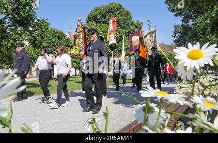 Obermarchtal, Allemagne. 08th juin 2023. Une statue de la Vierge Marie et des drapeaux sont transportés dans les rues du village pendant la procession de Corpus Christi. Credit: Thomas Warnack/dpa/Alay Live News Banque D'Images