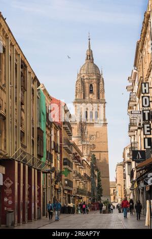 Rua Mayor, vue sud le long de la Rua Mayor, l'artère principale menant à la cathédrale et au quartier universitaire de Salamanque, en Espagne Banque D'Images