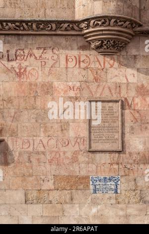 Cathédrale de Salamanque, détail du mur nord de la cathédrale de Salamanque montrant des inscriptions historiques sur sa façade en grès rose, Espagne Banque D'Images