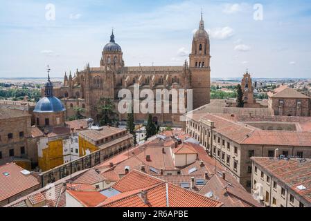 Vieille Espagne, vue en été de la magnifique Catedral Nueva baroque située au-dessus de la ligne d'horizon de la ville historique de Salamanque, Castilla y Leon, Espagne Banque D'Images