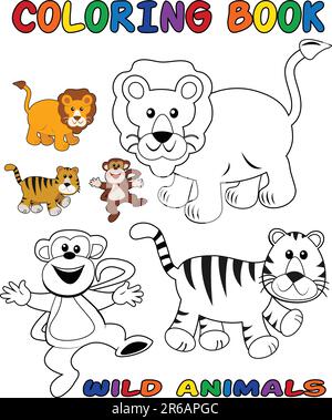 Livre de coloriage pour animaux sauvages - objets colorés et avec contour Illustration de Vecteur