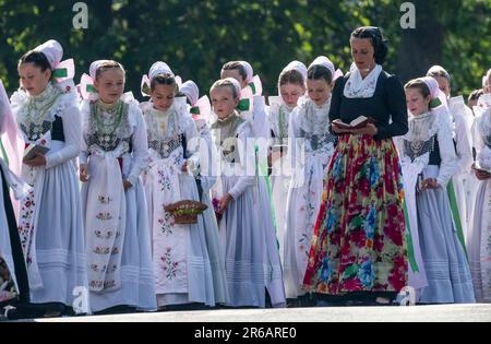 Crostwitz, Allemagne. 08th juin 2023. Les catholiques sorabes célèbrent la fête de Corpus Christi par une procession. Traditionnellement, les filles sorabes portent le costume d'une druzhka. La 'solennité du corps et du sang le plus Saint du Christ' est une fête en Lusatie sorabe et est célébrée avec des services et des processions d'église. Credit: Matthias Rietschel/dpa/Alay Live News Banque D'Images